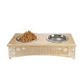 Lr Resources LR Resources PETMS20005MLT1905 19 x 9 x 5 in. Wood Elevated Double Pet Feeder with Engraved Floral & Paws; Brown & White - Rectangle PETMS20005MLT1905